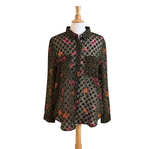 NWT LOFT Sheer Black Floral Polka Dot Button Down Shirt, Size XXL - Picture 1 of 13